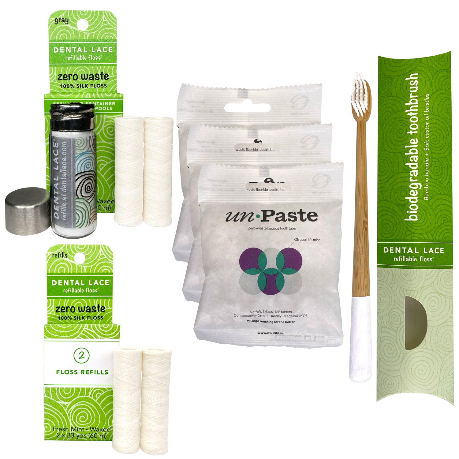 Dental Lace 8 Month PTFE &amp; PFAS Free Silk Floss Bundle with Bamboo Toothbrush &amp; 6 Month Supply of Fluoride Toothpaste Tablets