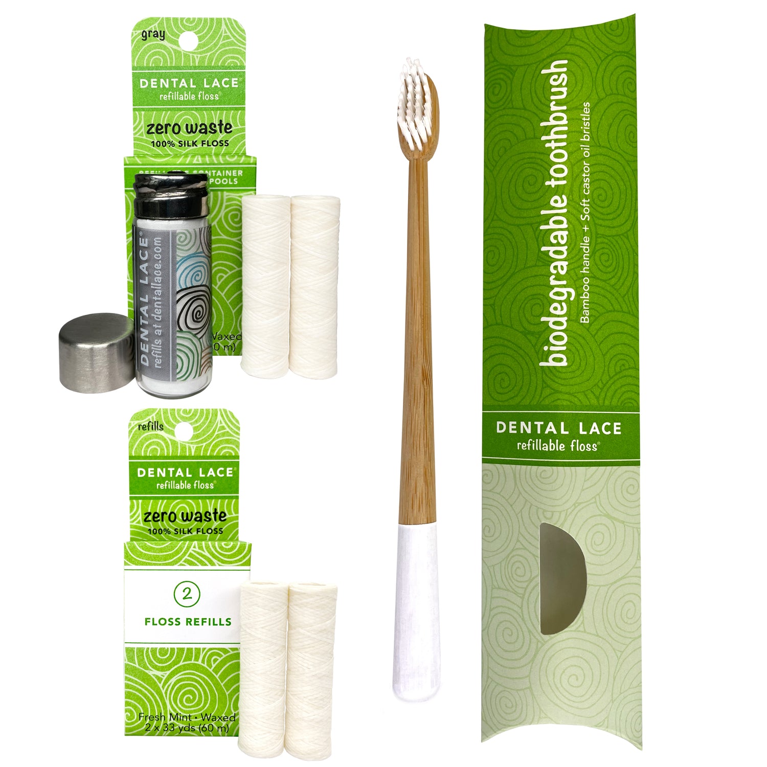 Dental Lace 8 Month PTFE &amp; PFAS Free Silk Floss Bundle with Bamboo Toothbrush