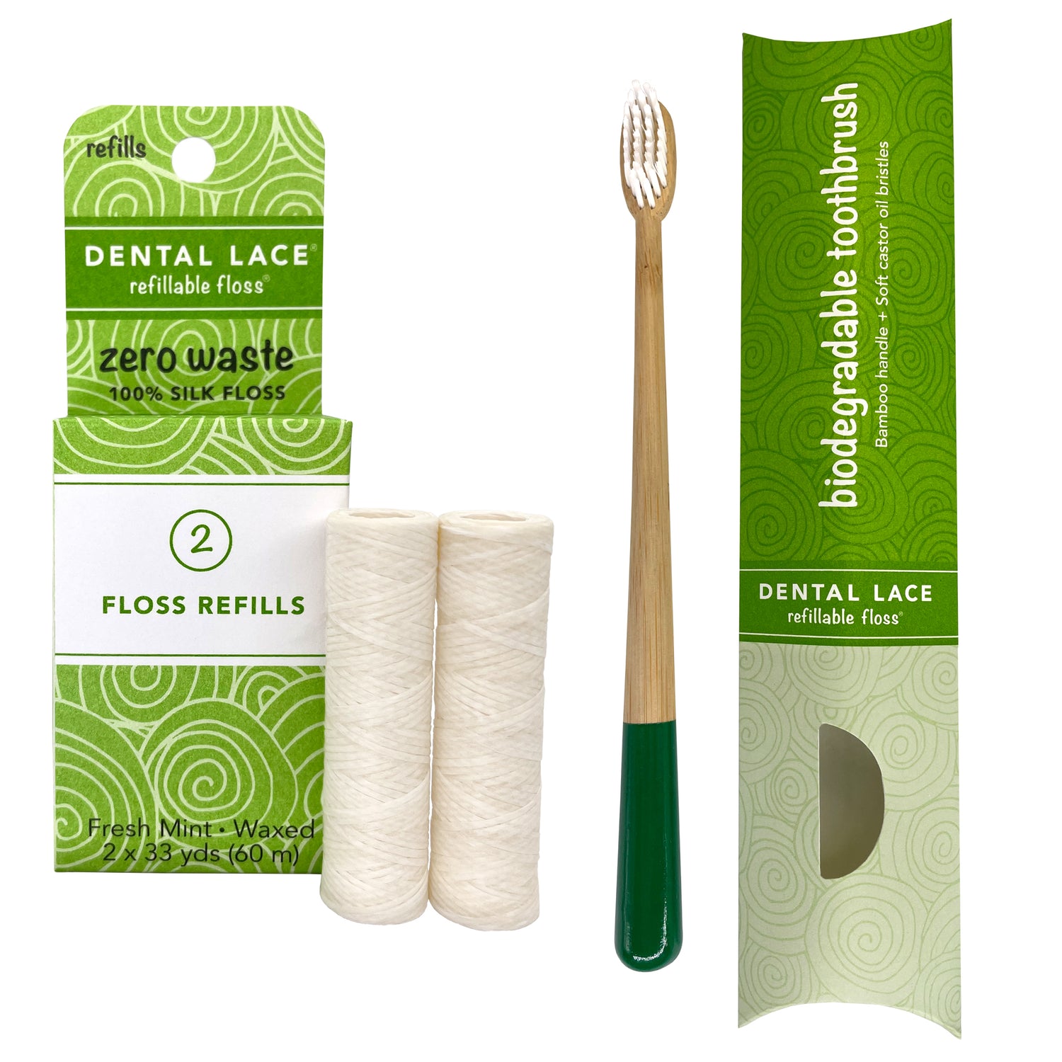 Dental Lace 4 Month PTFE &amp; PFAS Free Silk Floss Refill &amp; Bamboo Toothbrush Bundle