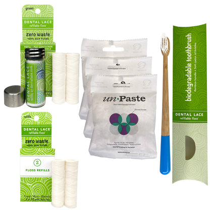 Dental Lace 8 Month Silk Floss Bundle with Bamboo Toothbrush &amp; 6 Month Supply of Toothpaste Tablets with Fluoride