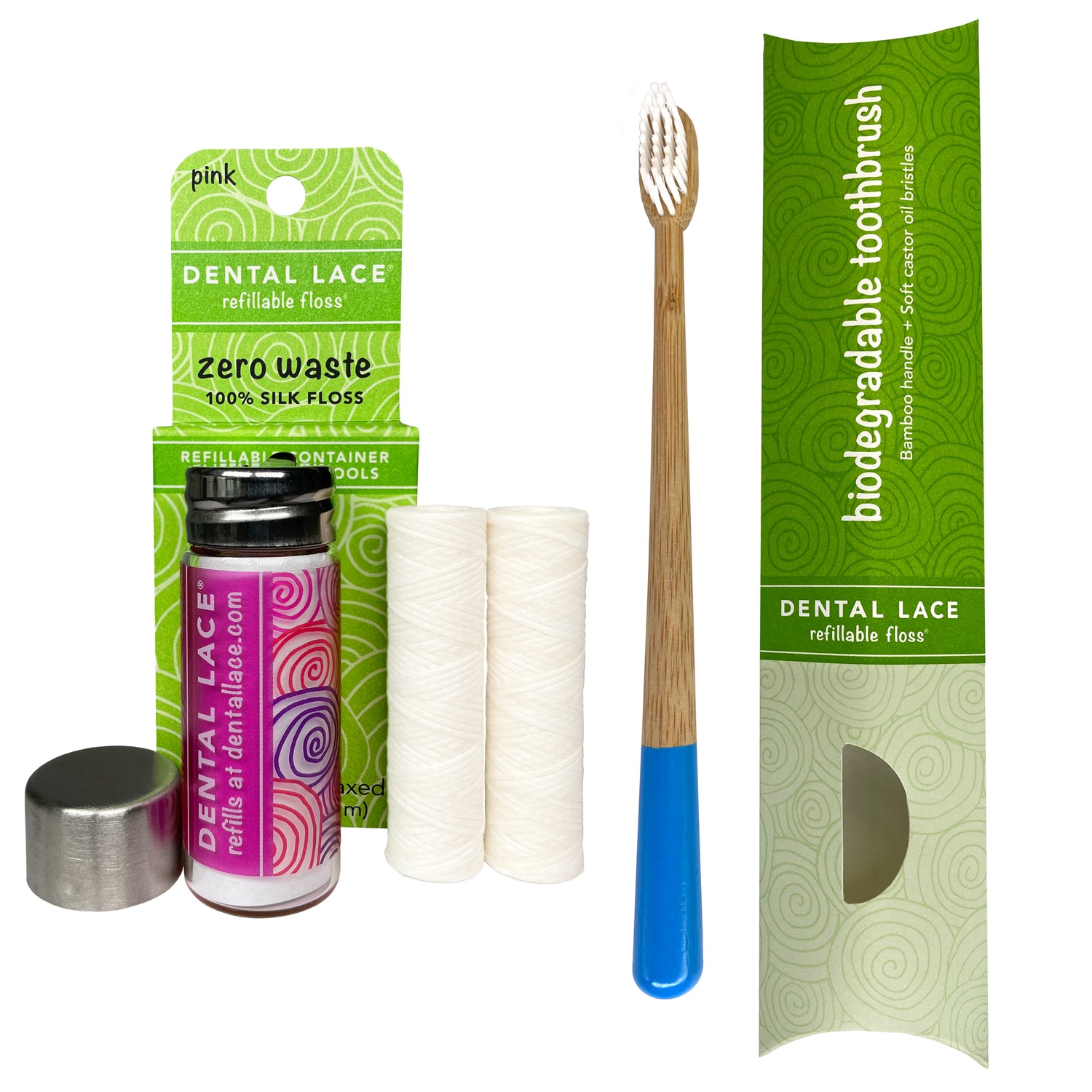 Dental Lace 4 Month PTFE &amp; PFAS Free Silk Floss &amp; Bamboo Toothbrush Bundle