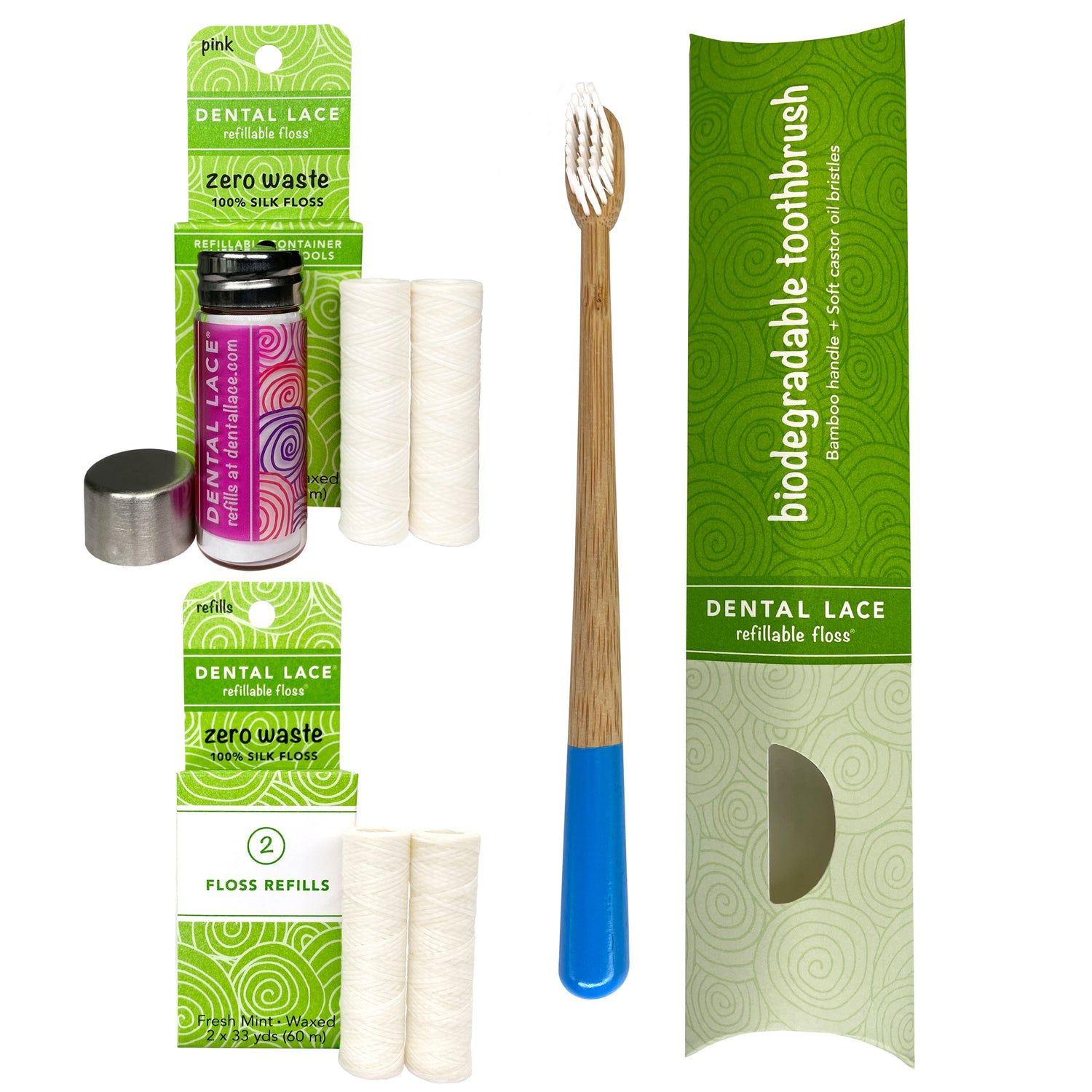 Dental Lace 8 Month PTFE &amp; PFAS Free Silk Floss Bundle with Bamboo Toothbrush