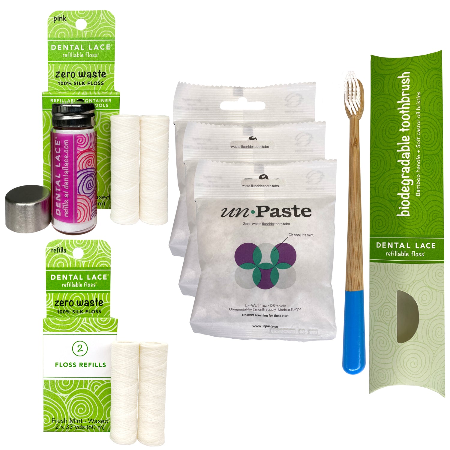 Dental Lace 8 Month Silk Floss Bundle with Bamboo Toothbrush & 6 Month  Supply of Toothpaste Tablets with Fluoride