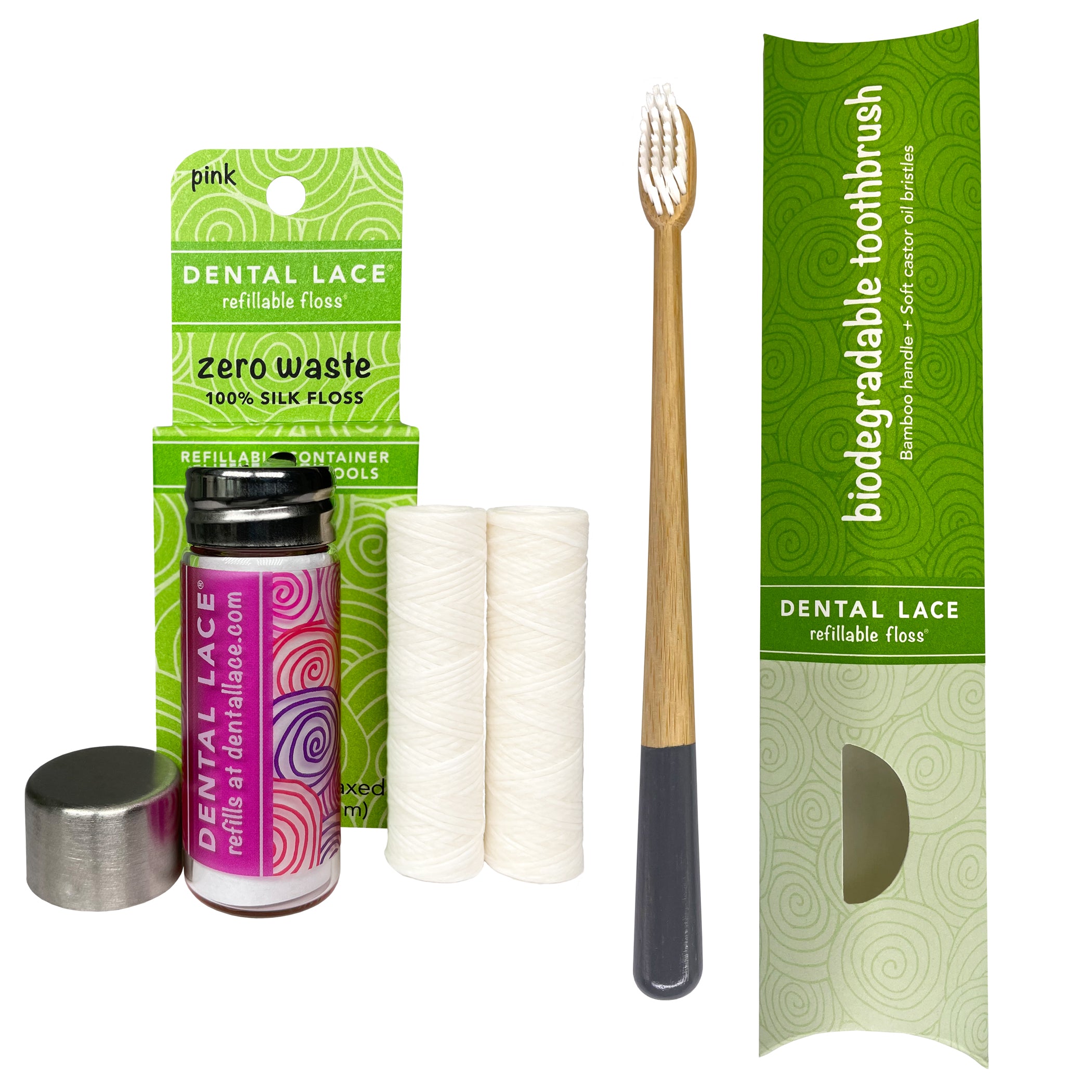 Dental Lace 4 Month PTFE &amp; PFAS Free Silk Floss &amp; Bamboo Toothbrush Bundle