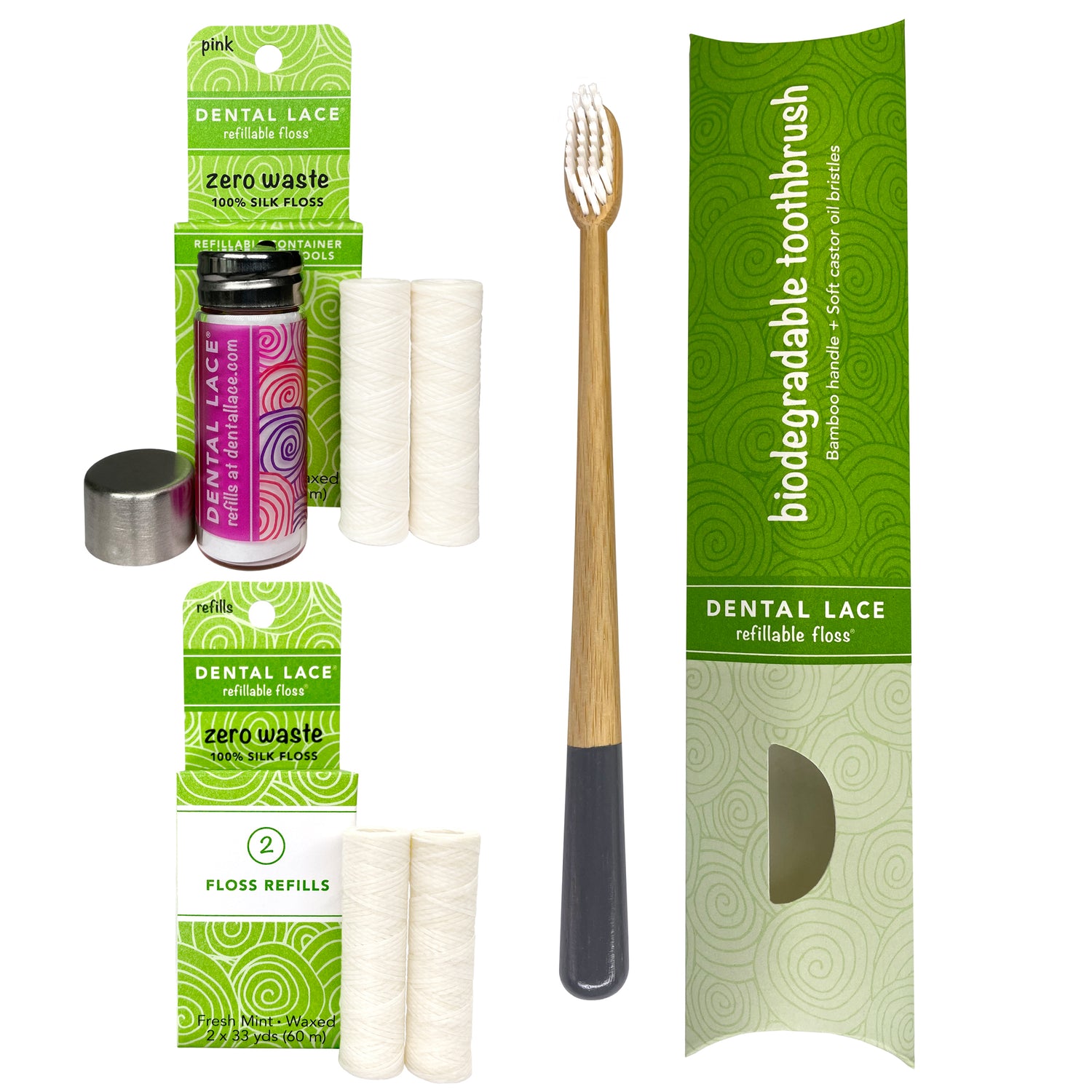 Dental Lace 8 Month PTFE &amp; PFAS Free Silk Floss Bundle with Bamboo Toothbrush