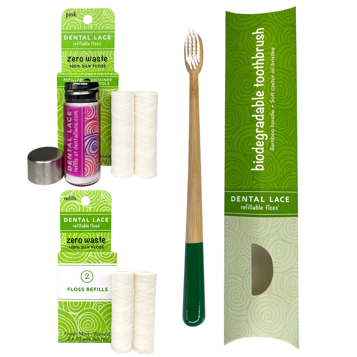 Dental Lace 8 Month PTFE &amp; PFAS Free Silk Floss Bundle with Bamboo Toothbrush