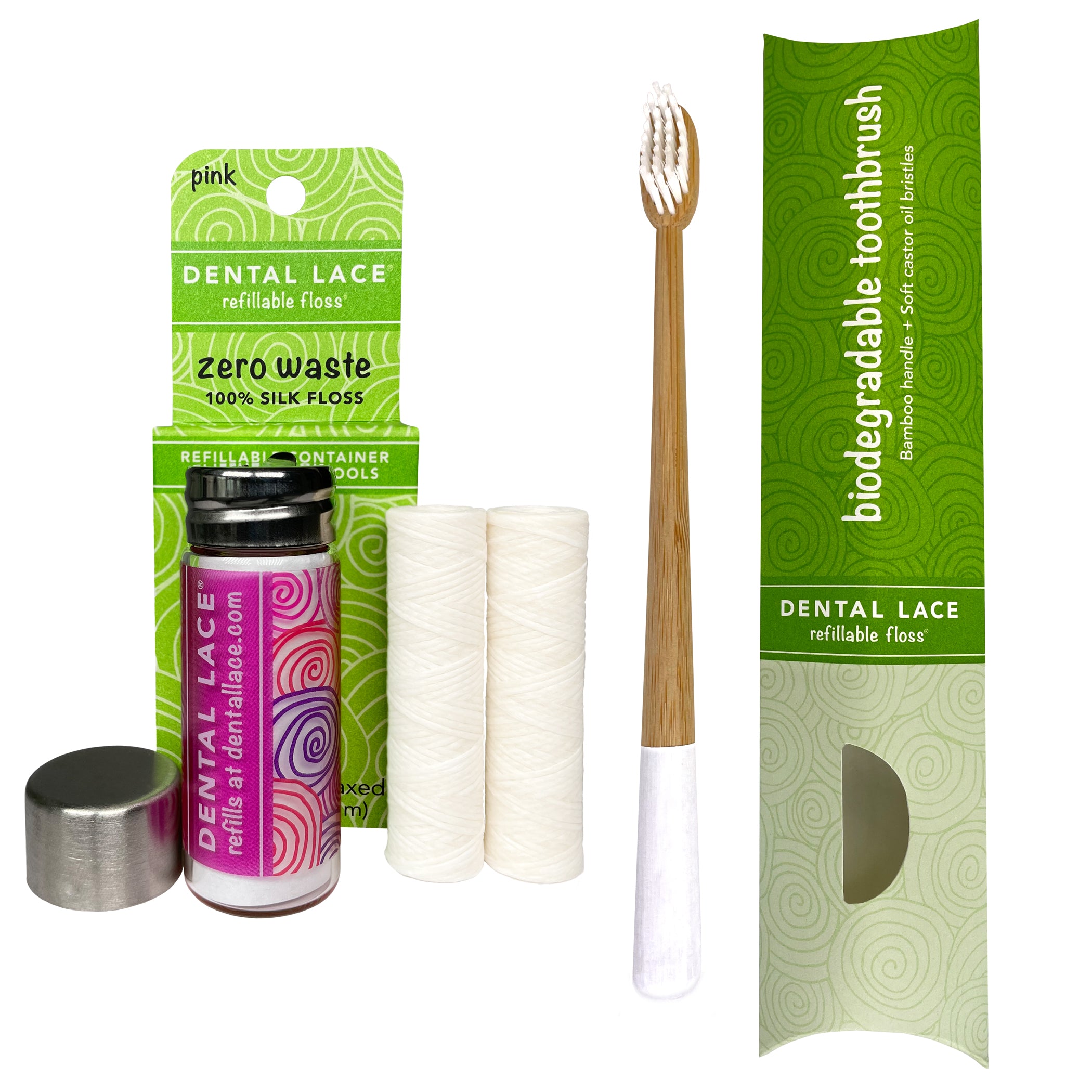 Dental Lace 4 Month PTFE &amp; PFAS Free Silk Floss &amp; Bamboo Toothbrush Bundle