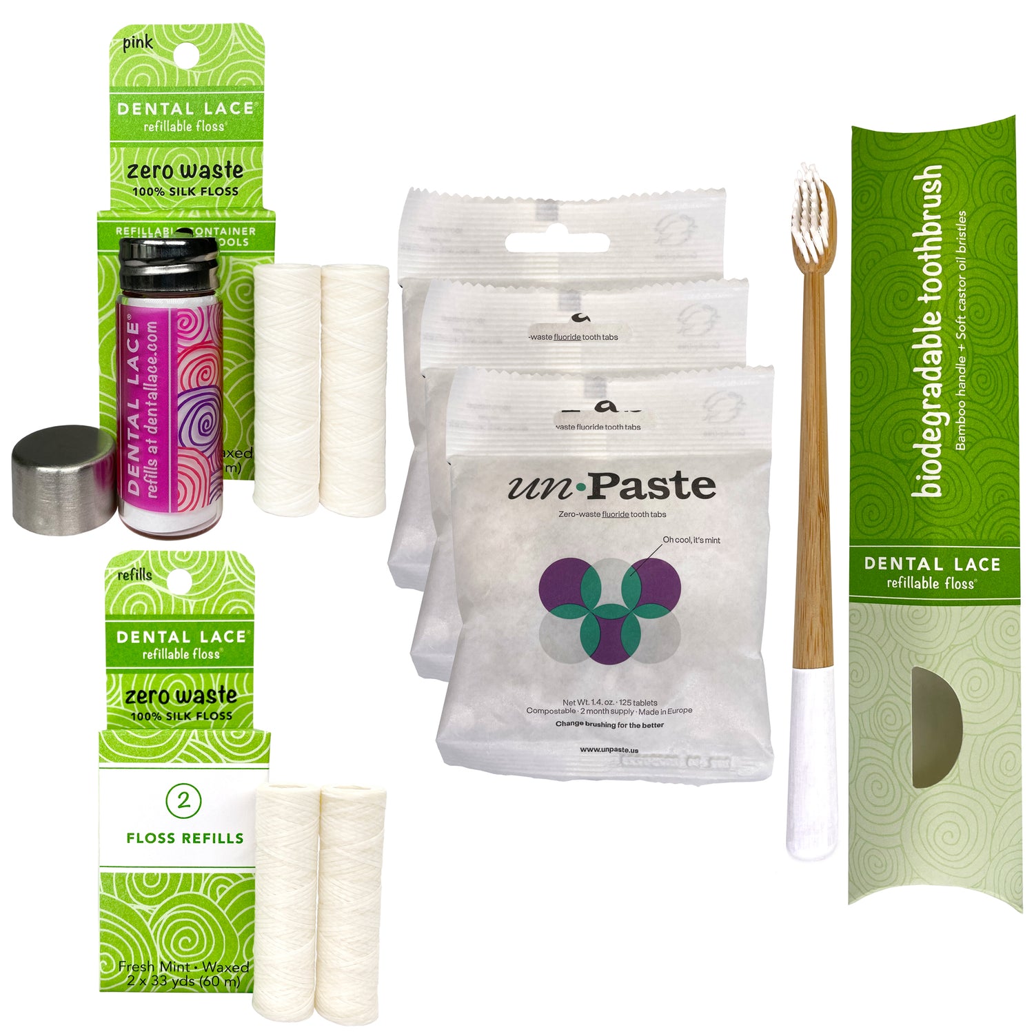 Dental Lace 8 Month PTFE &amp; PFAS Free Silk Floss Bundle with Bamboo Toothbrush &amp; 6 Month Supply of Fluoride Toothpaste Tablets