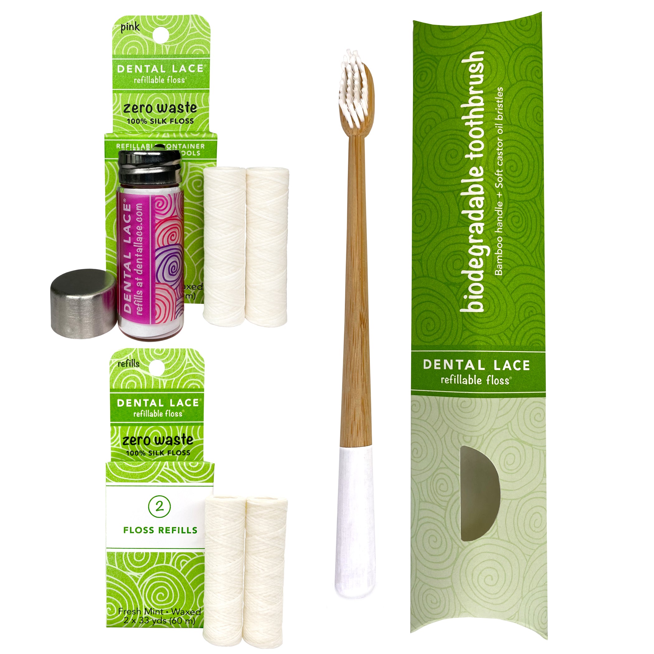 Dental Lace 8 Month PTFE &amp; PFAS Free Silk Floss Bundle with Bamboo Toothbrush