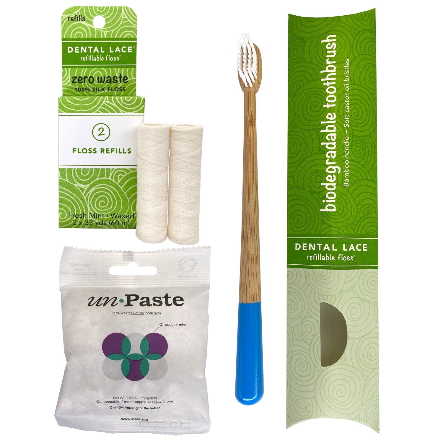 Dental Lace PTFE &amp; PFAS Free Silk Refills, Bamboo Toothbrush &amp; Fluoride Toothpaste Tablets Bundle