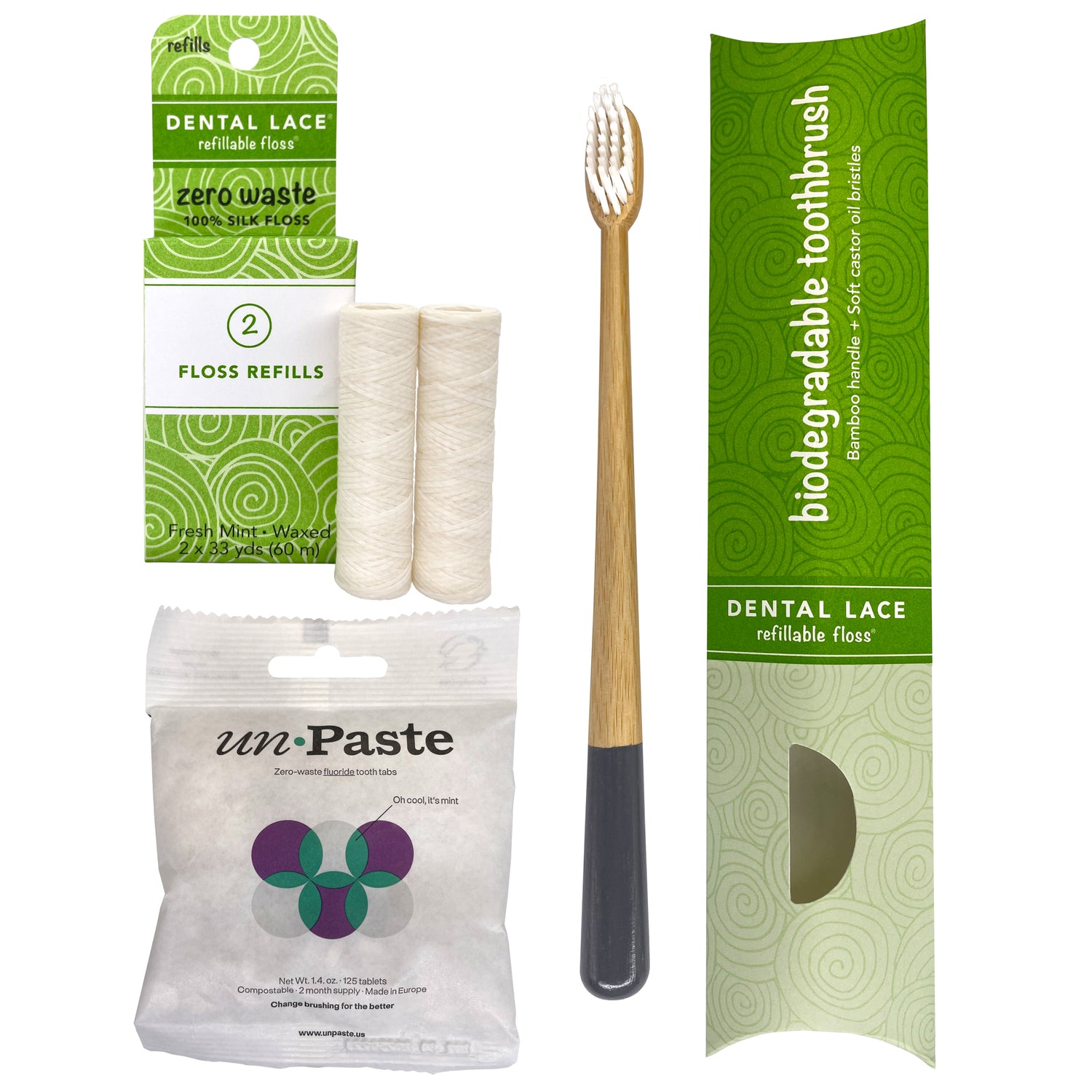 Dental Lace PTFE &amp; PFAS Free Silk Refills, Bamboo Toothbrush &amp; Fluoride Toothpaste Tablets Bundle