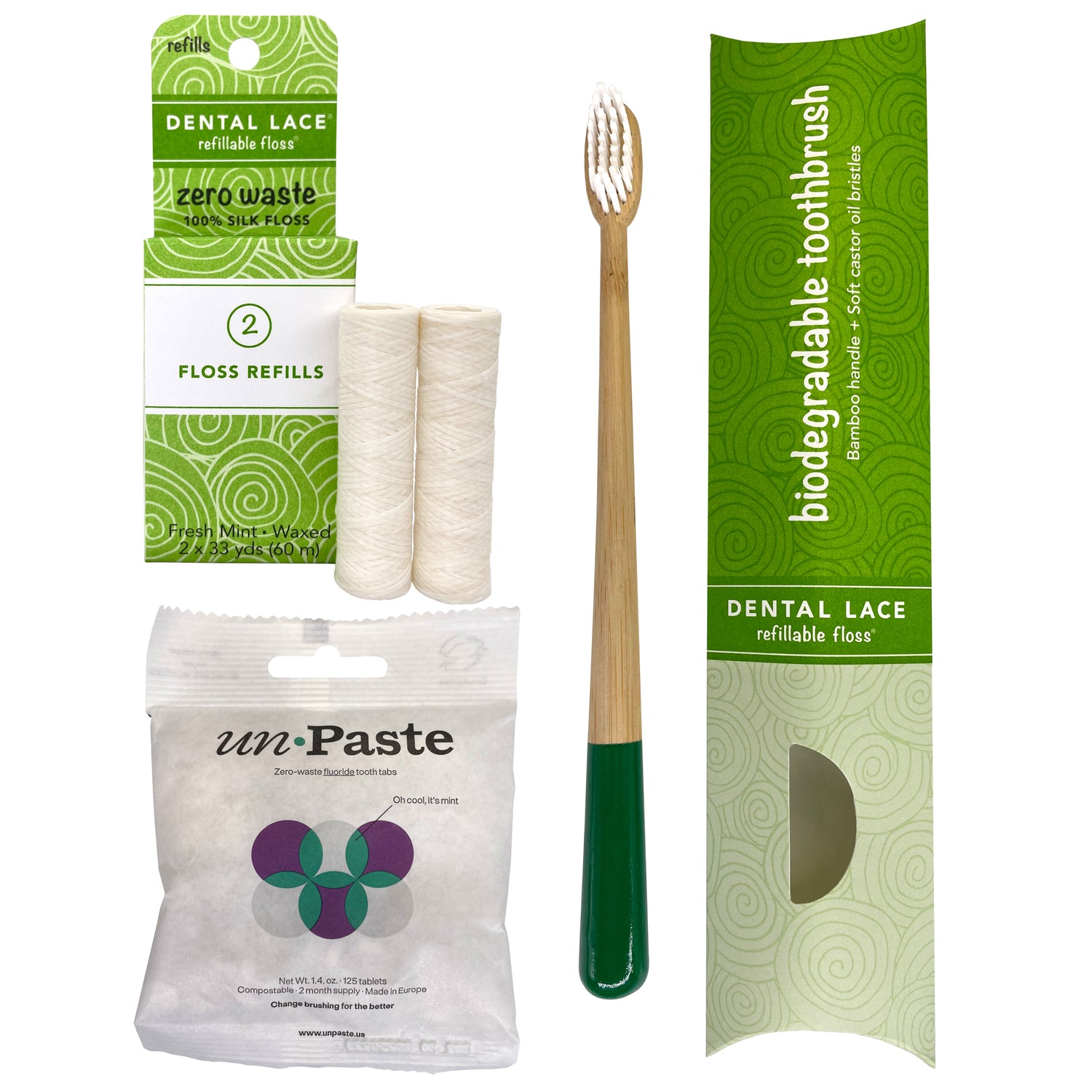 Dental Lace PTFE &amp; PFAS Free Silk Refills, Bamboo Toothbrush &amp; Fluoride Toothpaste Tablets Bundle