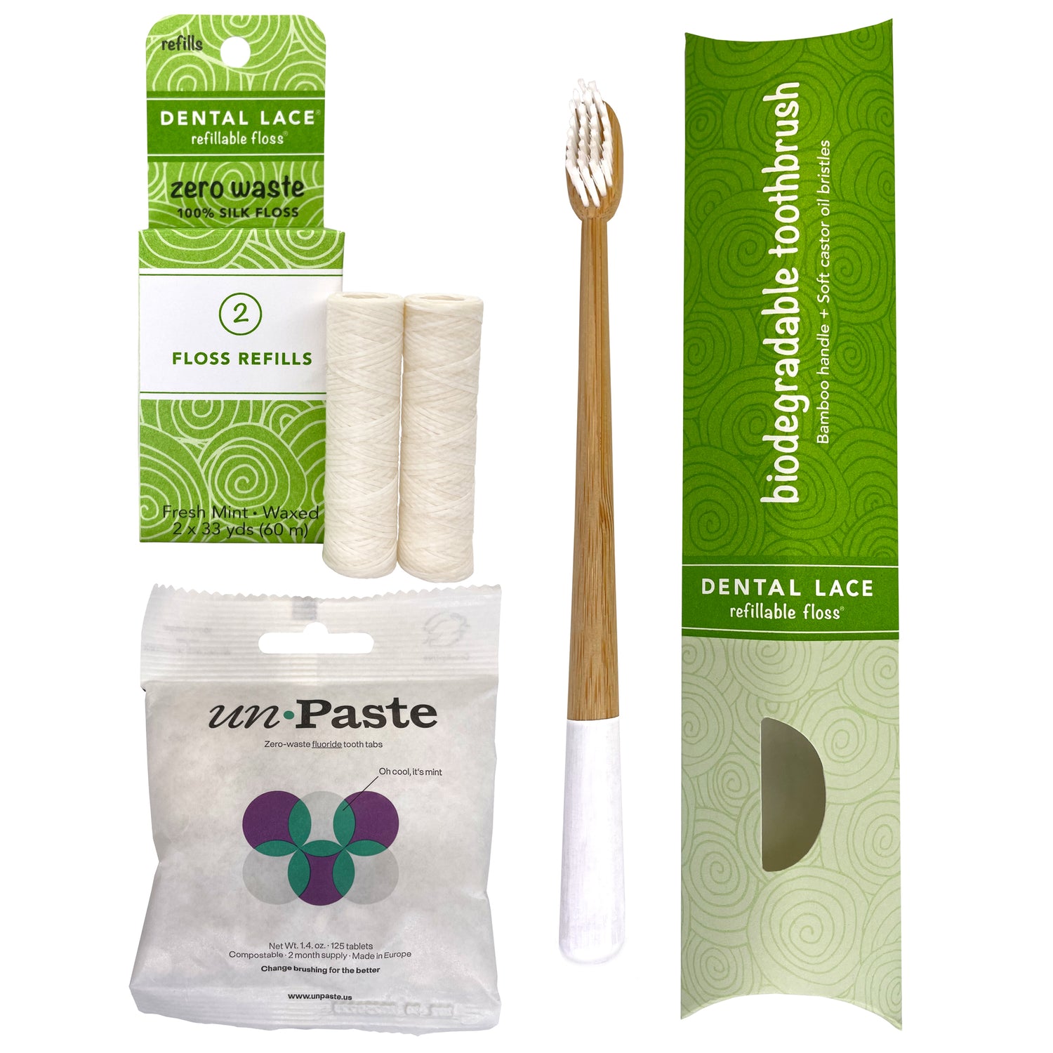 Dental Lace PTFE &amp; PFAS Free Silk Refills, Bamboo Toothbrush &amp; Fluoride Toothpaste Tablets Bundle