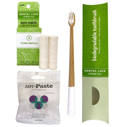 Dental Lace PTFE &amp; PFAS Free Silk Refills, Bamboo Toothbrush &amp; Fluoride Toothpaste Tablets Bundle