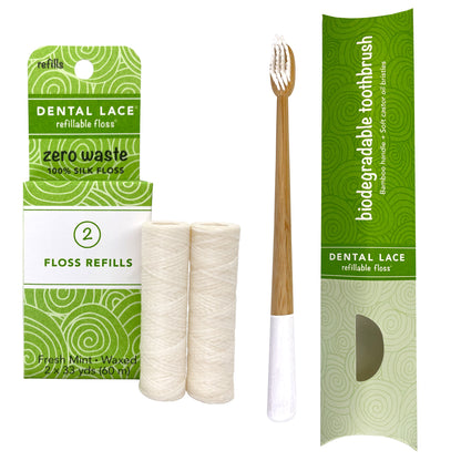 Dental Lace 4 Month PTFE &amp; PFAS Free Silk Floss Refill &amp; Bamboo Toothbrush Bundle